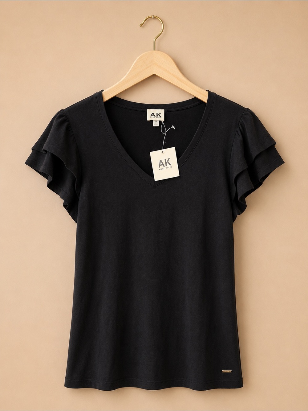 Anne Klein Black V-Neck Ruffle Sleeve Tee